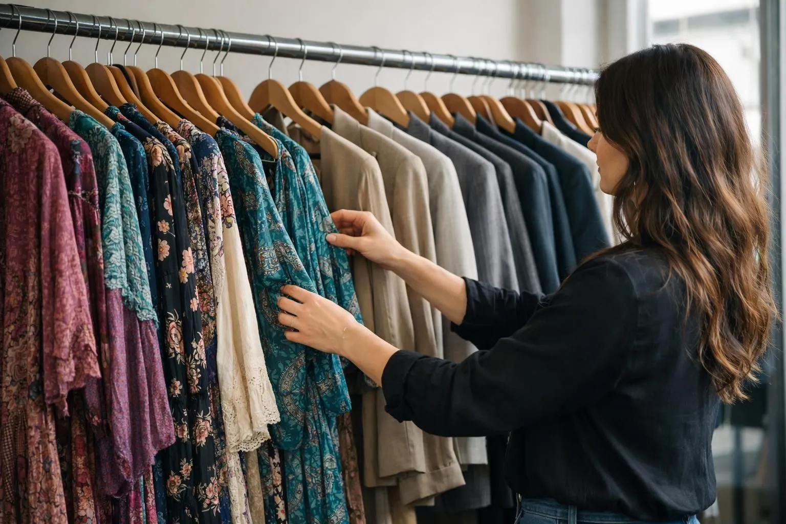 Woman organizing vintage clothing pieces on wooden hangers in bright natural daylight, showing curated collection with mix of 1970s bohemian dresses and 1980s structured blazers in warm neutral tones, hands visible arranging fabrics