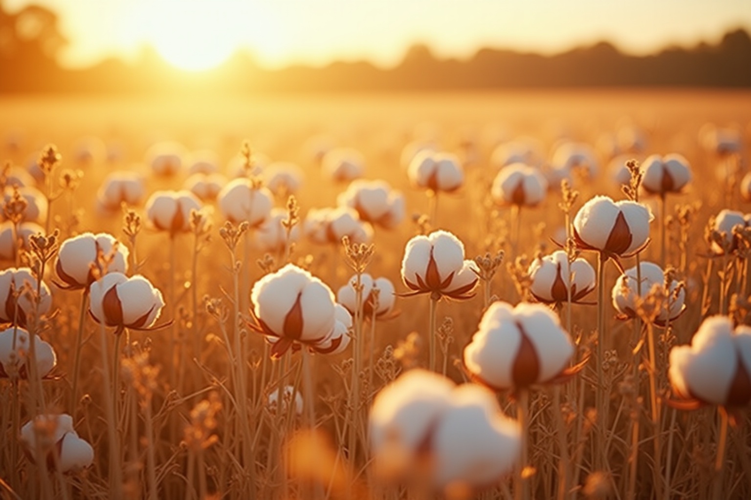 Champ de coton blanc au coucher de soleil doré.