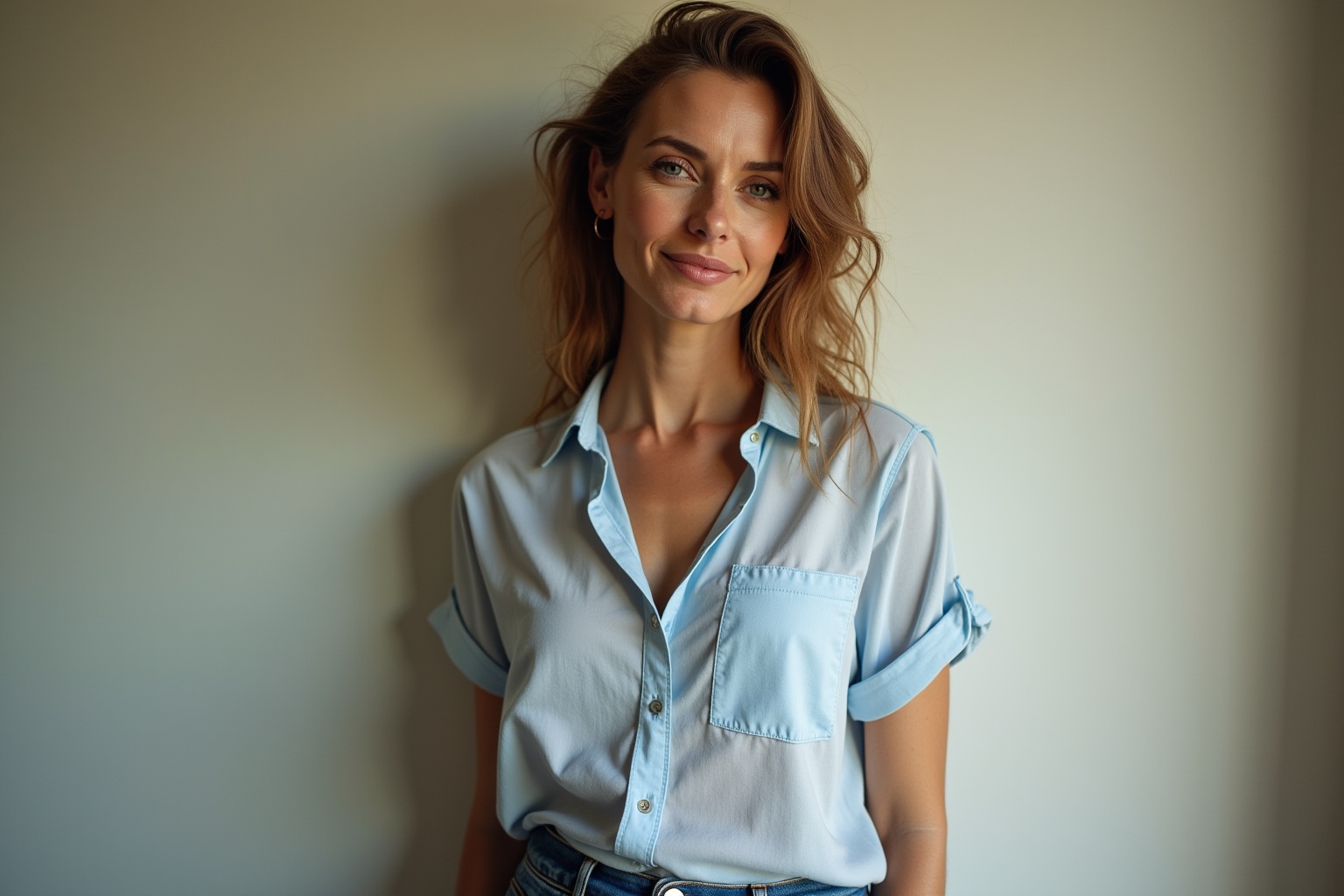 Femme aux cheveux bouclés portant une chemise bleue décontractée.