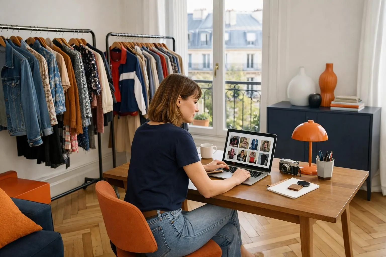 Woman in her 30s sitting at wooden desk with laptop displaying vintage clothing photos, surrounded by authentic 1970s-1990s garments on hangers in bright Parisian apartment with herringbone floor and large windows casting natural afternoon light