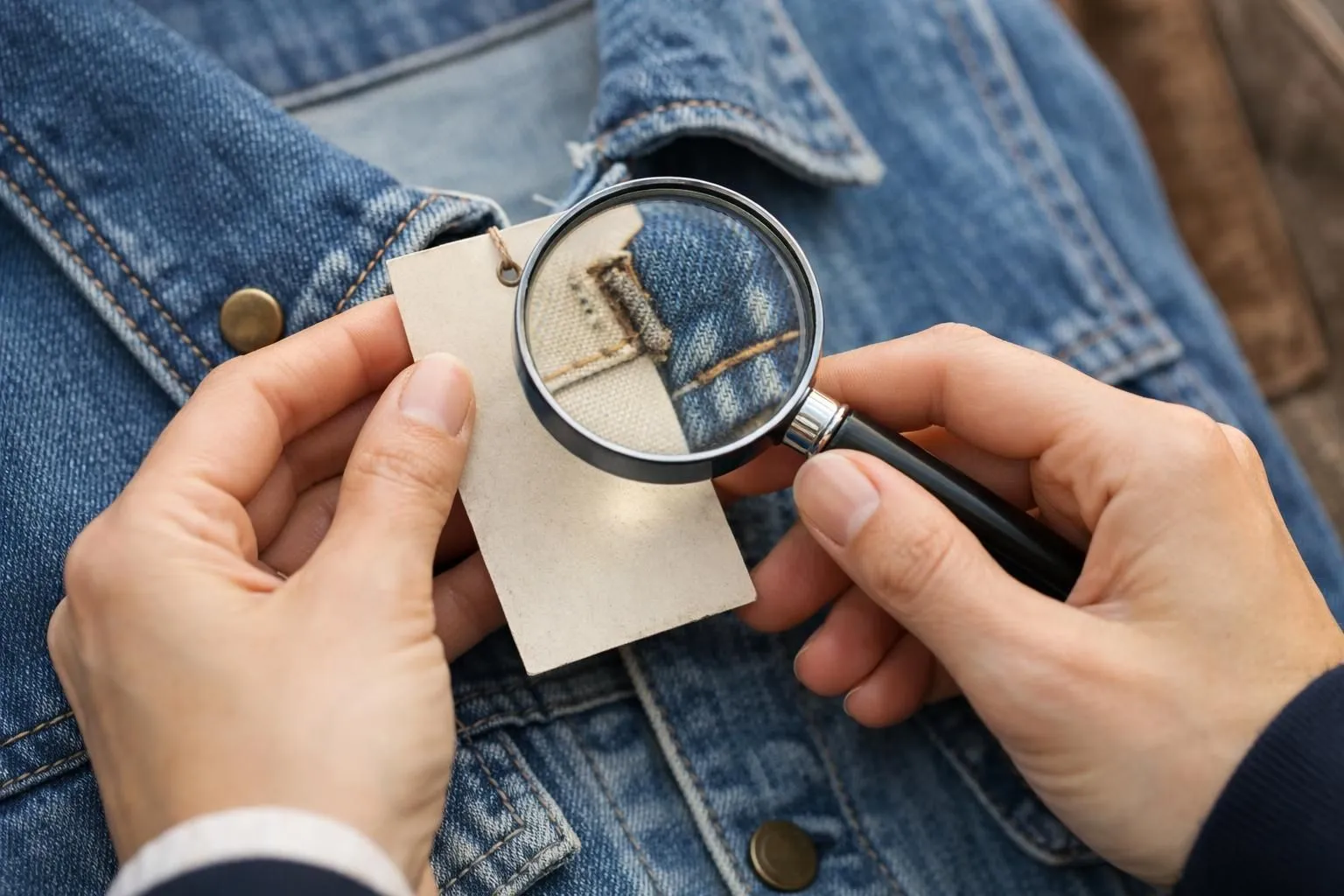 Hands holding vintage clothing label with magnifying glass examining fabric texture and authentication details in natural daylight, showing quality inspection process for online vintage fashion shopping