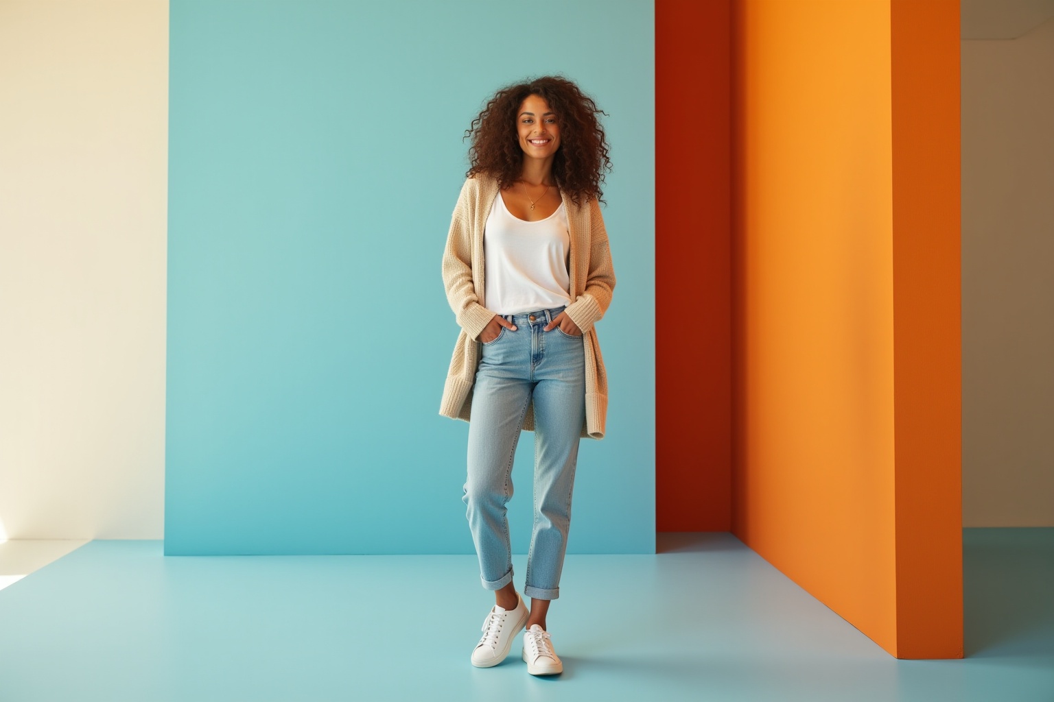 Jeune femme souriante aux cheveux bouclés, vêtue d'un cardigan beige et de jeans, debout devant un mur bleu et orange.