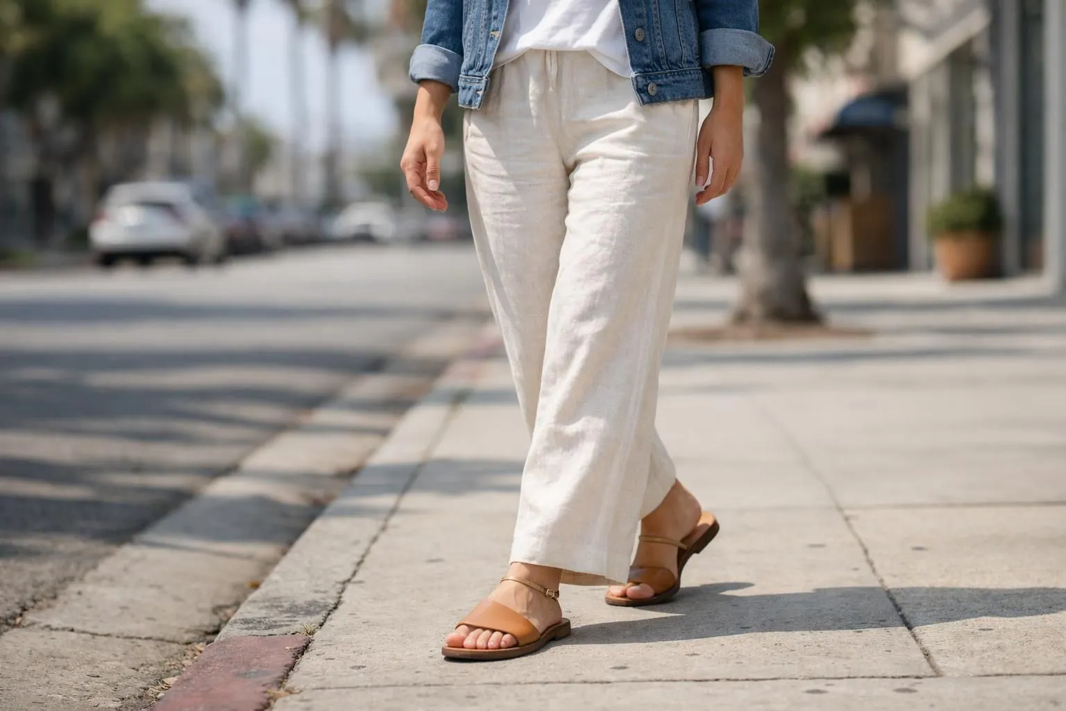 Modern woman in her 30s walking confidently on sunny urban sidewalk, wearing relaxed linen trousers and simple white tee with denim jacket, embodying effortless Californian style blend of comfort and elegance, natural lighting, lifestyle photography