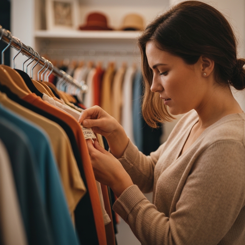Woman examining vintage clothing label closely in boutique, checking authenticity, warm lighting, intimate shopping moment