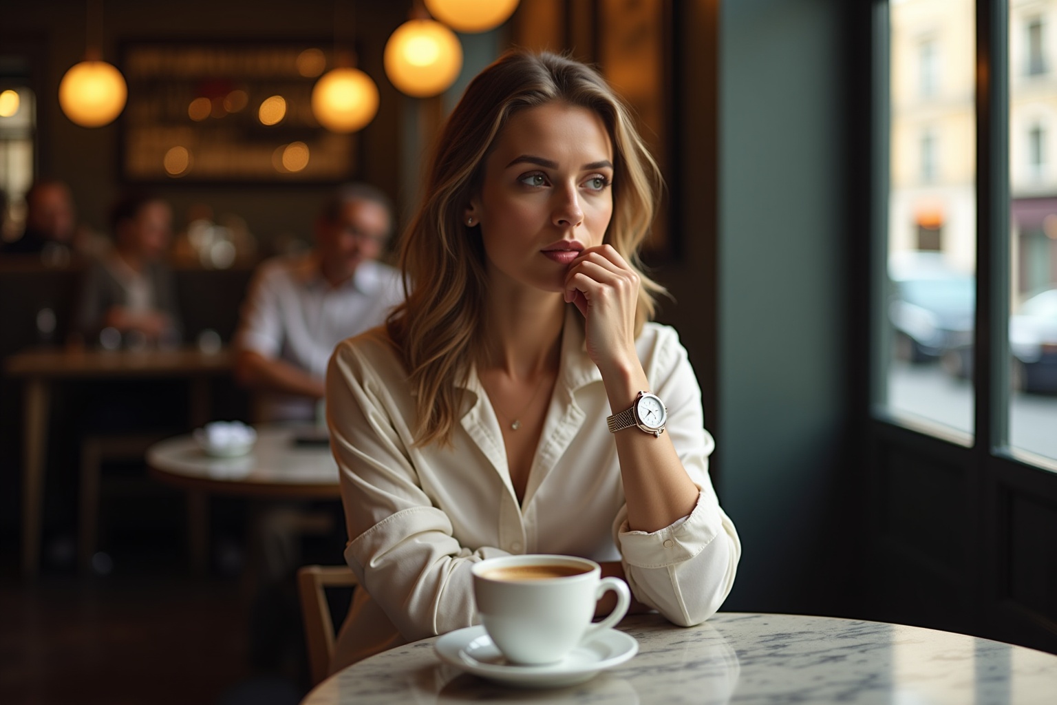 Femme pensive buvant un café dans un café élégant.
