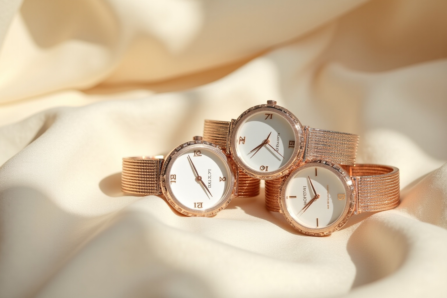 Montres de luxe en or rose sur fond crème.
