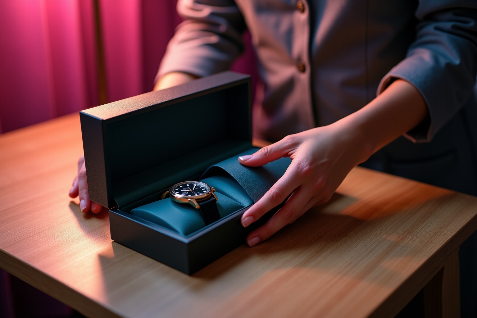 Montre une personne ouvrant une boîte contenant une montre de luxe.