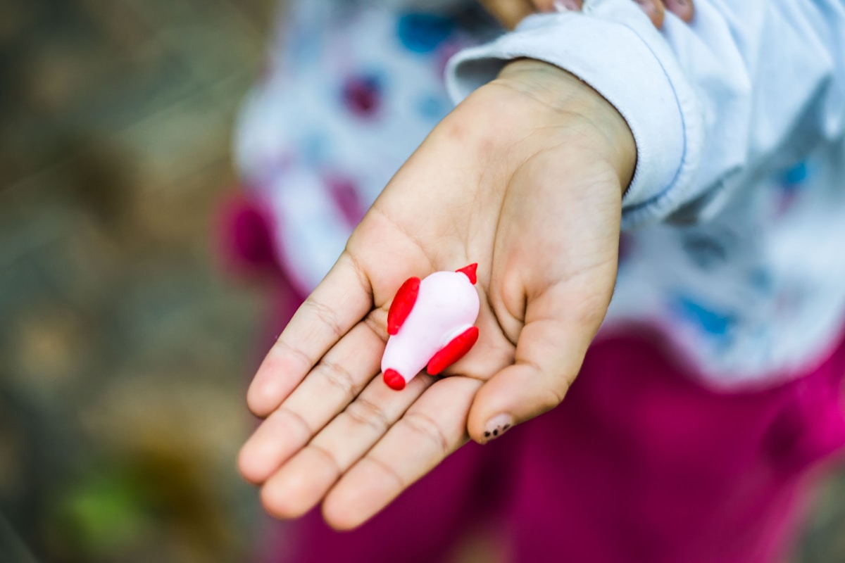 Un petit oiseau jouet rouge et blanc posé sur la paume de la main gauche d'une personne.