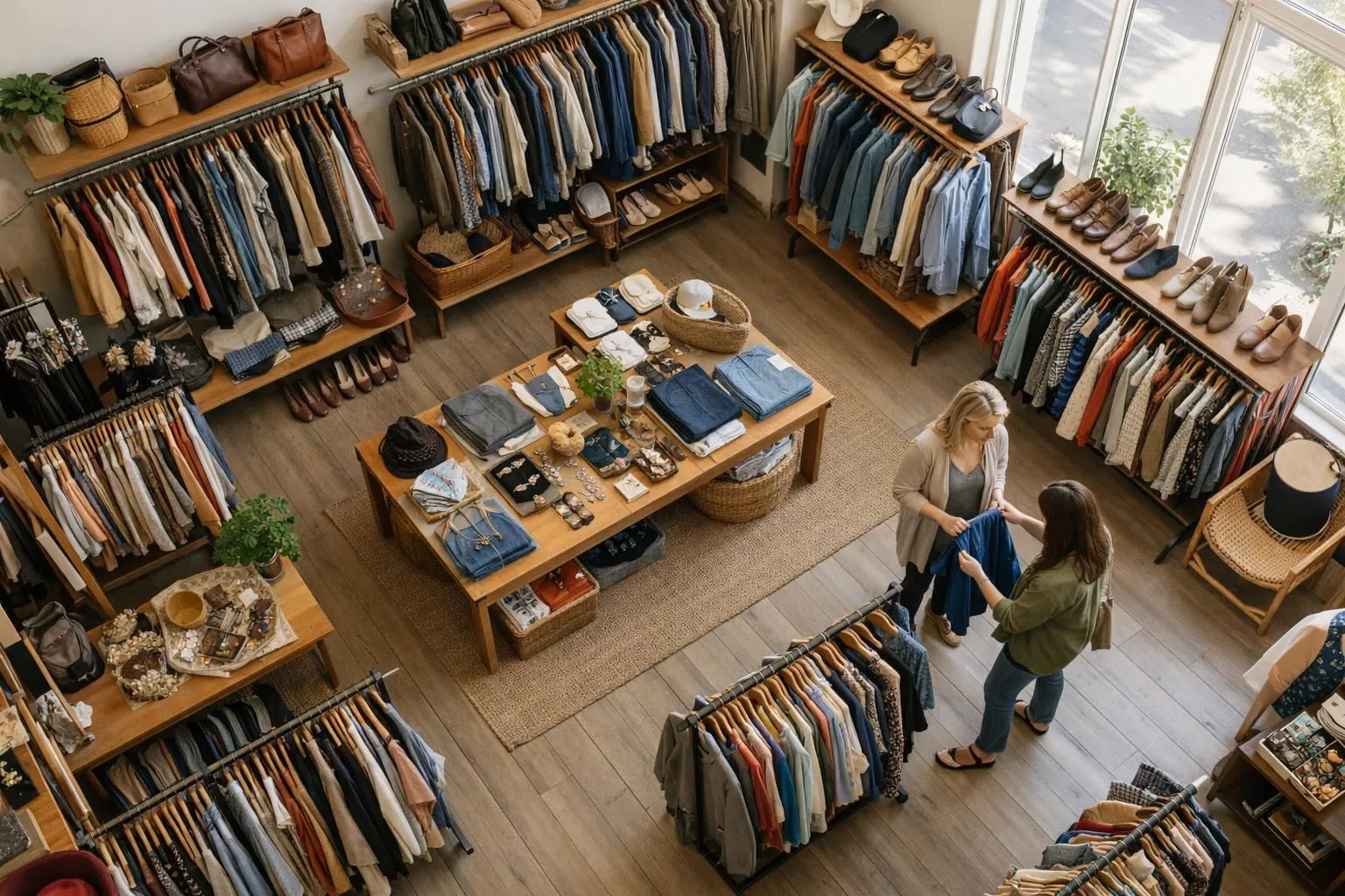 Femme parcourant des pièces de mode de seconde main inspirées de la Californie dans une boutique lumineuse, vêtements éthiques avec articles vintage et pré-aimés, concept d'achat durable, lumière naturelle, moment authentique.