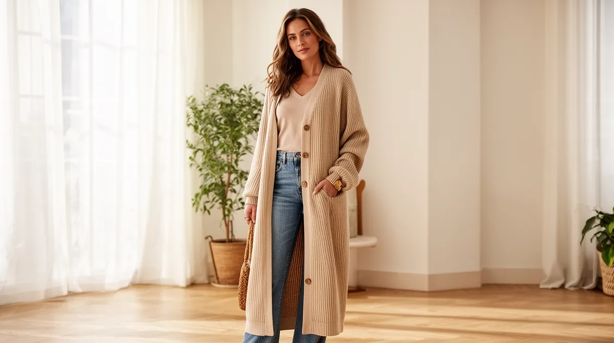 Femme souriante en manteau beige dans un intérieur lumineux.