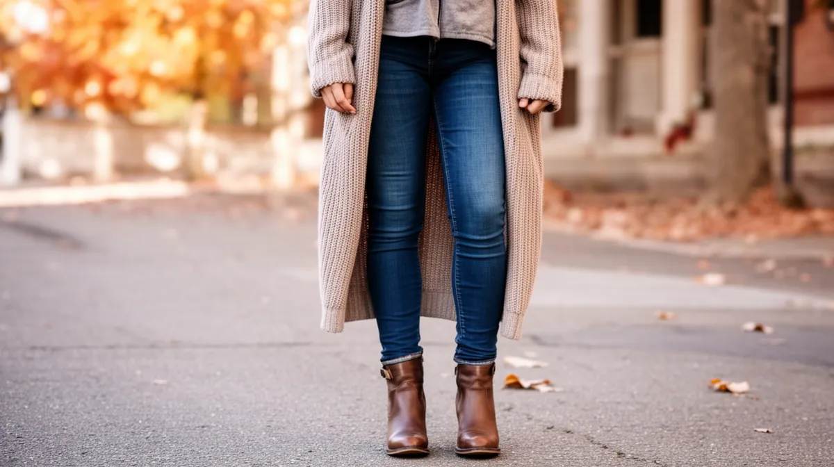 Femme en manteau beige marchant sur un trottoir d'automne.