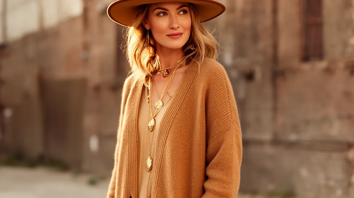 Femme élégante portant un chapeau et un chandail beige.
