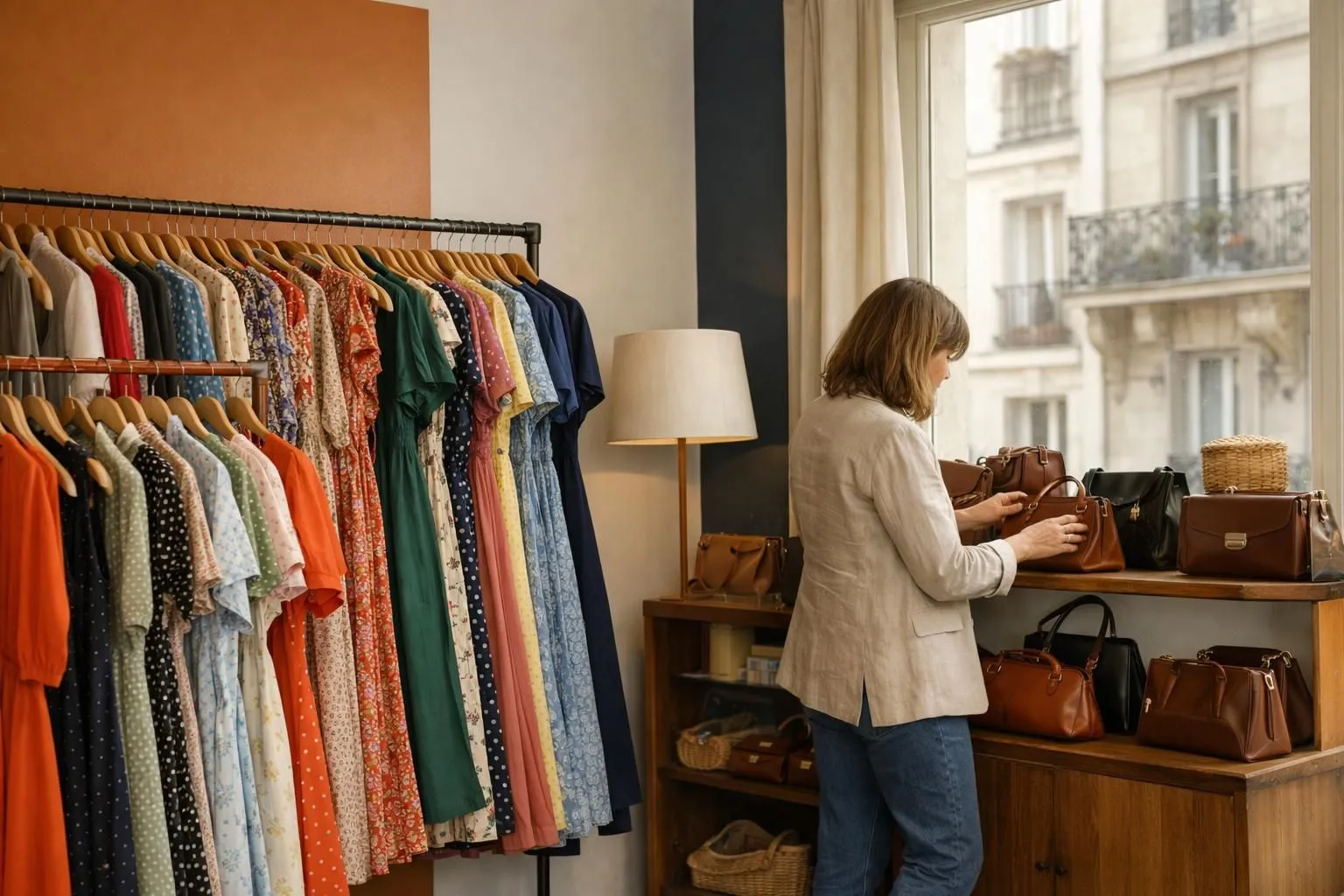 Interior of a charming Parisian vintage clothing boutique for women, with elegant clothing racks displaying colorful retro dresses, leather handbags hanging on hooks, and a woman browsing through vintage pieces in natural window light streaming through large French windows, capturing the authentic atmosphere of high-end second-hand fashion shopping in Paris