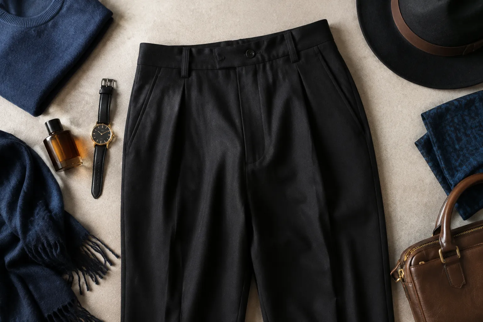 Pantalon noir élégant entouré d’accessoires masculins bleu marine et cuir