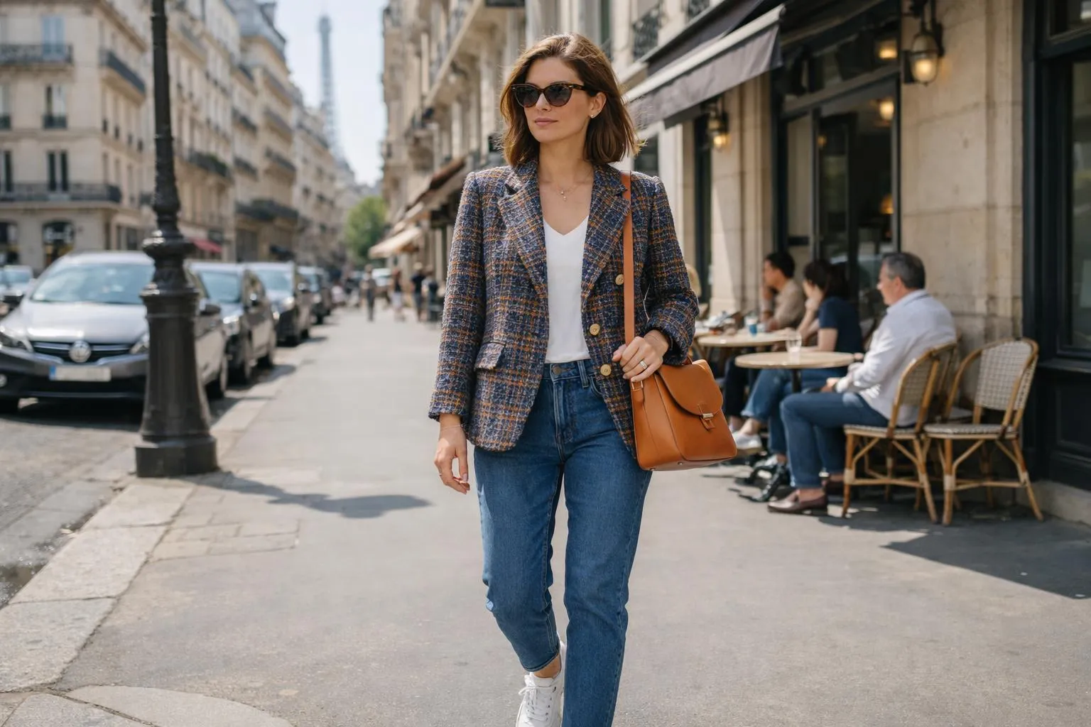 Femme élégante en veste à carreaux marchant dans une rue parisienne.