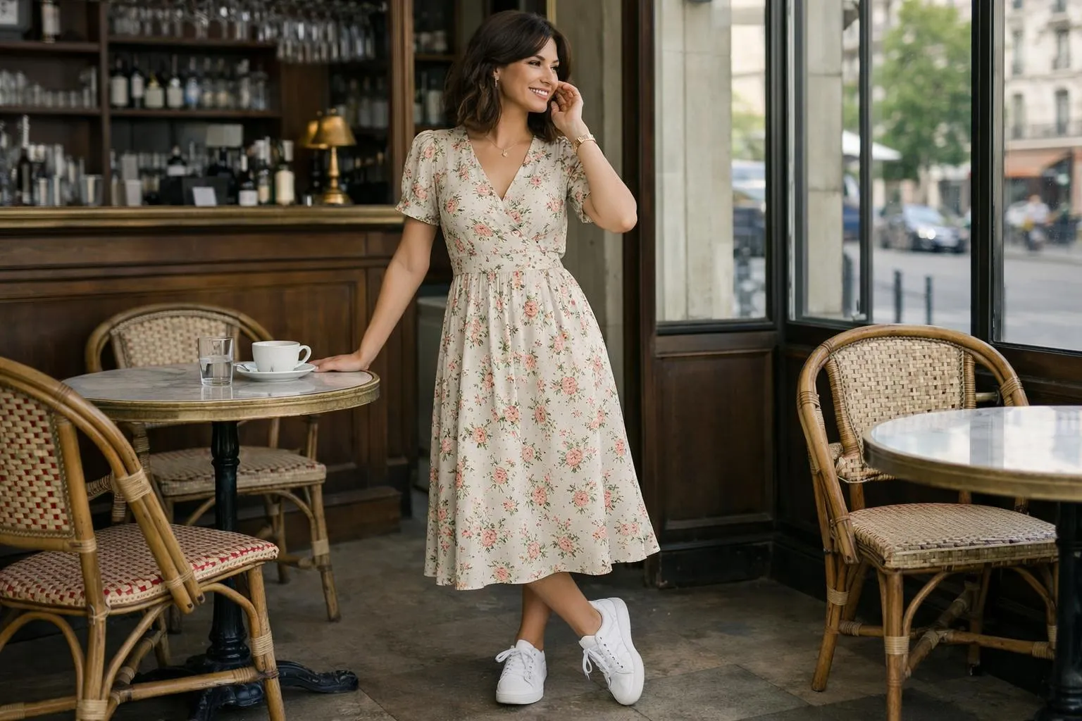 Jeune femme souriante dans une robe florale à manches courtes, debout dans un café.