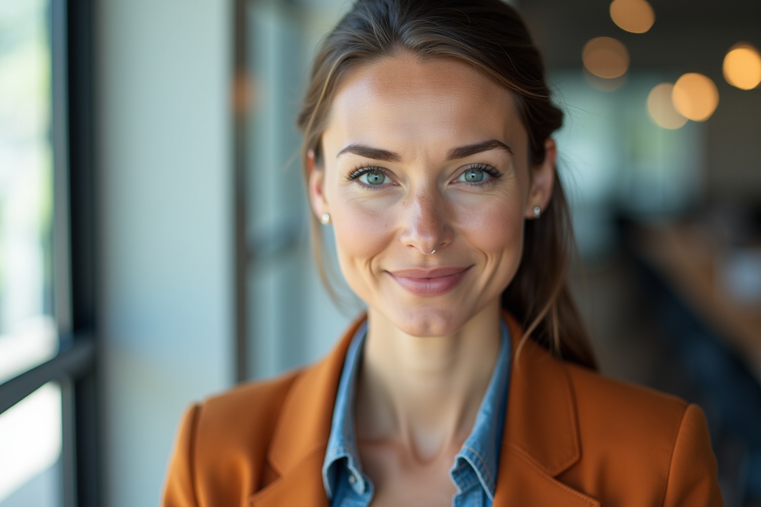 Femme souriante aux yeux bleus, portant un manteau orange.