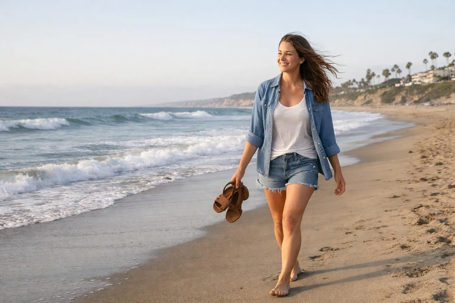 Young woman in casual linen clothing walking barefoot on a California beach at golden hour, holding sandals, wearing oversized white shirt and relaxed beige pants, natural windswept hair, genuine smile, ocean waves in background, warm sunlight, embodying effortless Californian style and wellness lifestyle