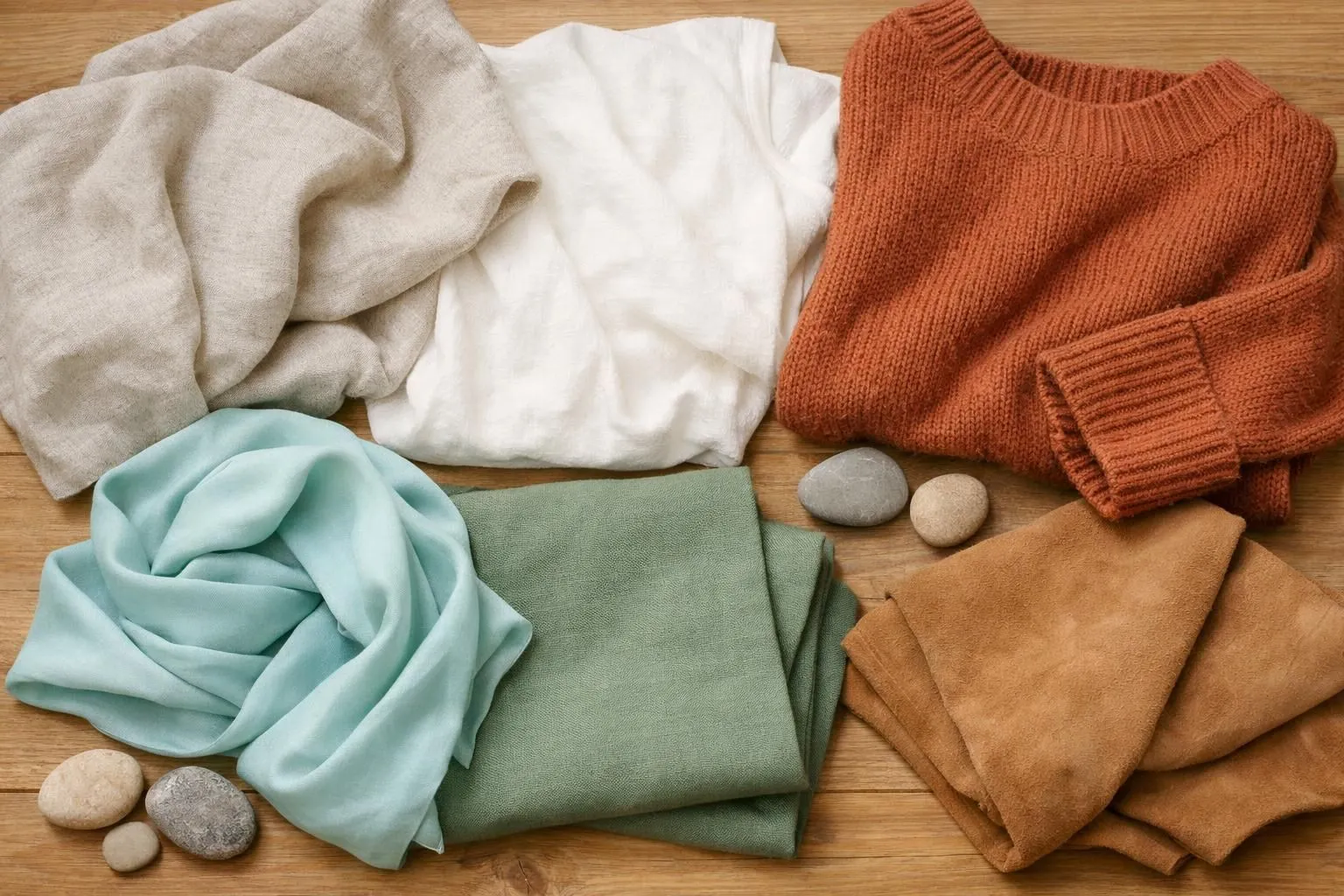 Flatlay arrangement of clothing fabrics in warm California-inspired colors: sandy beige linen, soft white cotton, terracotta knit sweater, pale turquoise silk scarf, sage green canvas, and camel-colored suede, displayed on natural wood surface with coastal pebbles