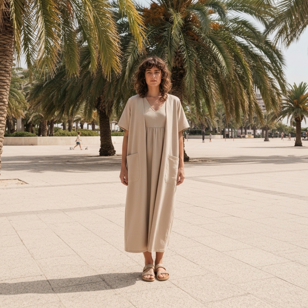 Femme debout dans un environnement ensoleillé portant une robe fluide beige avec un gilet en maille crème oversize, sandales plates minimalistes, cheveux naturellement ondulés, lumière dorée californienne filtrant à travers des palmiers en arrière-plan, ambiance décontractée et authentique