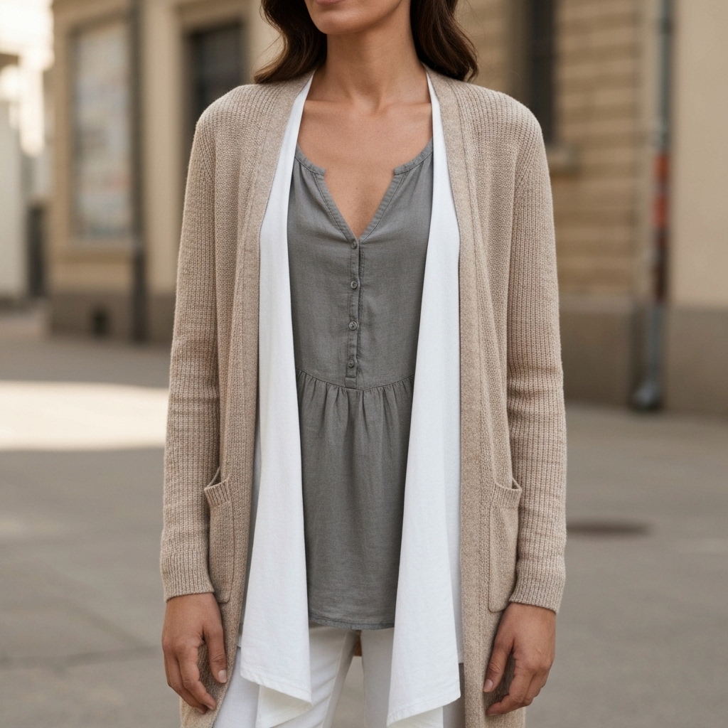 Femme portant un layering californien avec cardigan beige léger sur débardeur blanc et chemise en lin ouverte couleur sable, textures naturelles variées, lumière dorée de fin d'après-midi, style décontracté et élégant