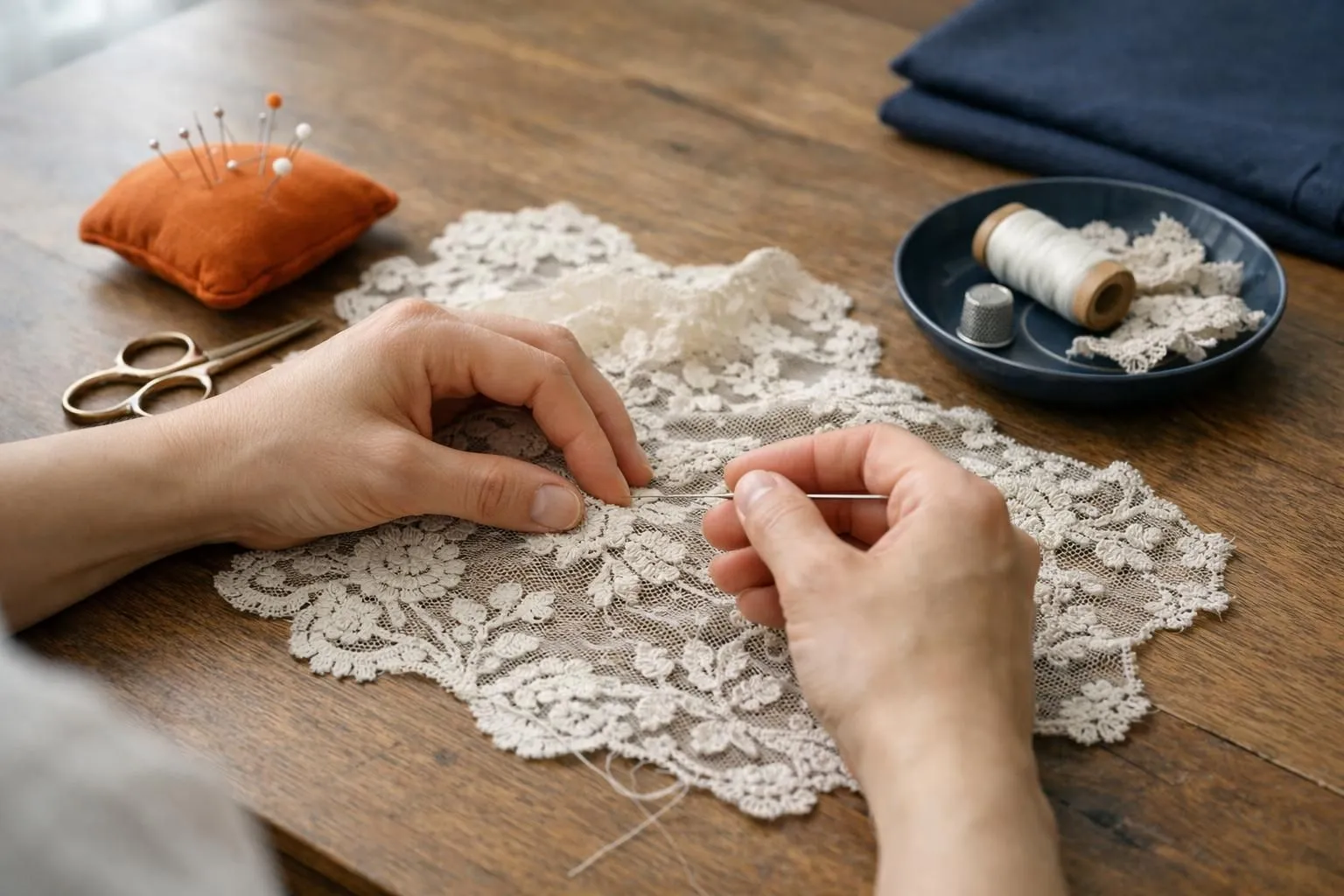 Close-up hands working on delicate ivory vintage lace fabric with floral patterns on wooden table, natural window light, craftsmanship detail, textile restoration scene