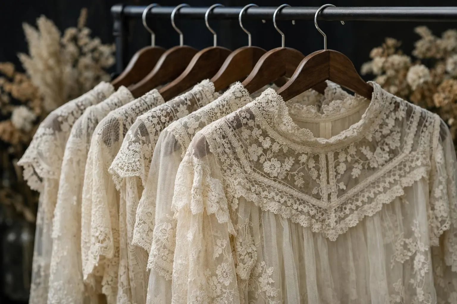 Close-up photography of various vintage lace tops hanging on wooden hangers in warm natural sunlight, showcasing different lace patterns and cream-colored fabrics, bohemian California-inspired styling with dried flowers in background, no text or labels visible