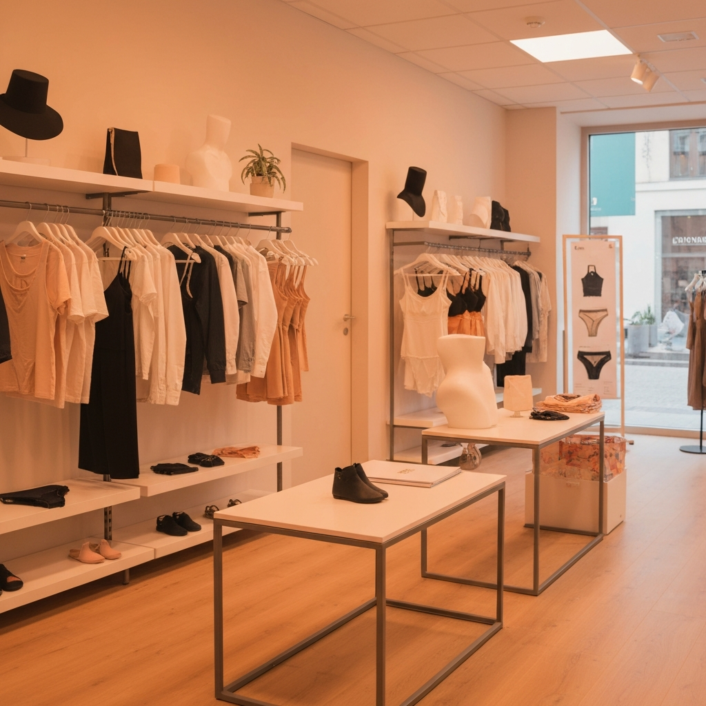 Vitrine de boutique présentant une lingerie fine délicate sur des cintres élégants avec un éclairage ambiant doux, des tons neutres chaleureux, une atmosphère d'achat intime, des textures de tissus haut de gamme visibles, un design d'intérieur de vente au détail min