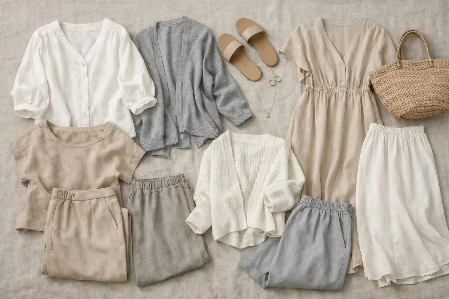Vêtements et accessoires de mode beige et gris sur fond clair.