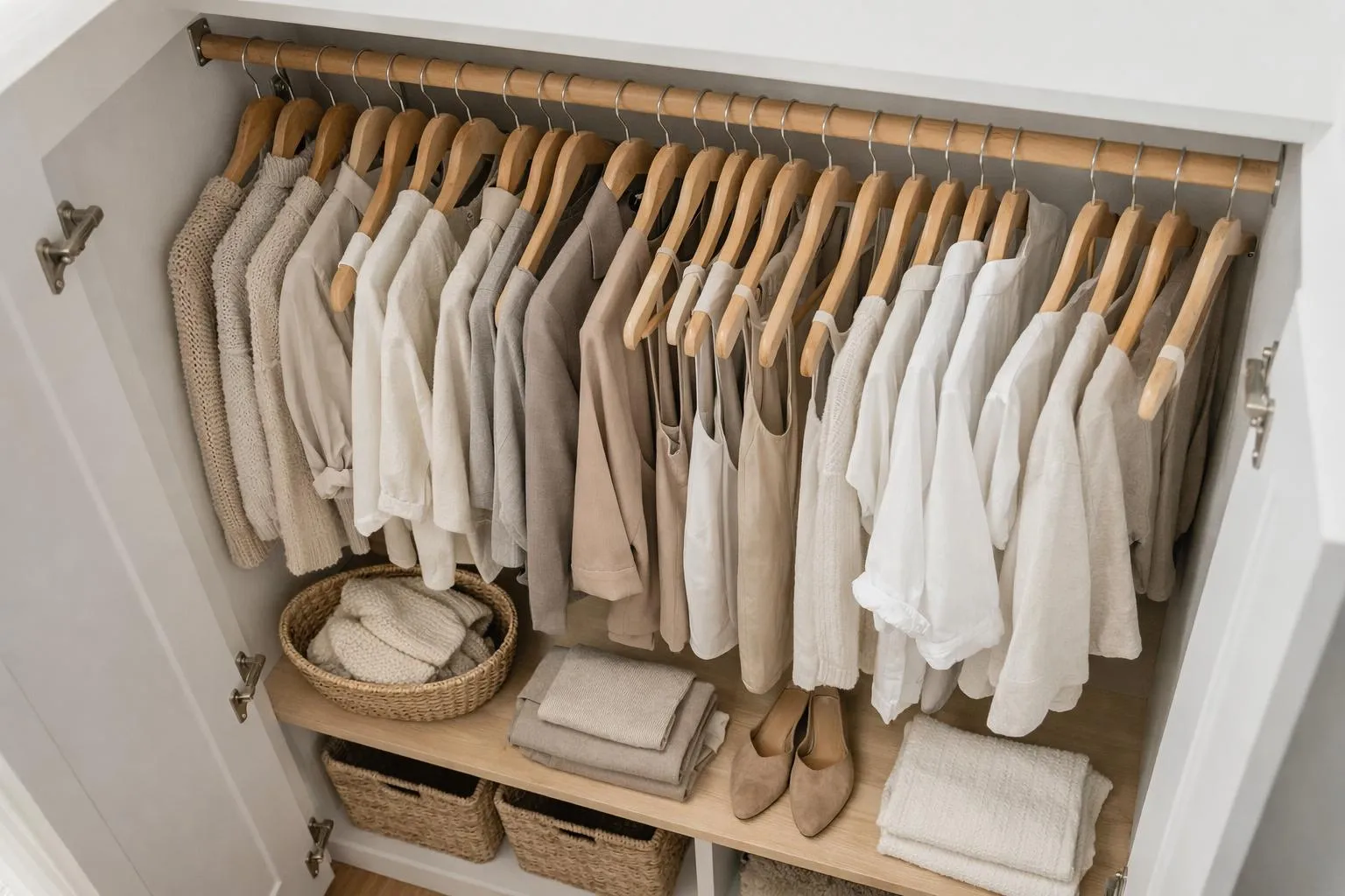 Penderie organisée avec vêtements neutres et accessoires de rangement.