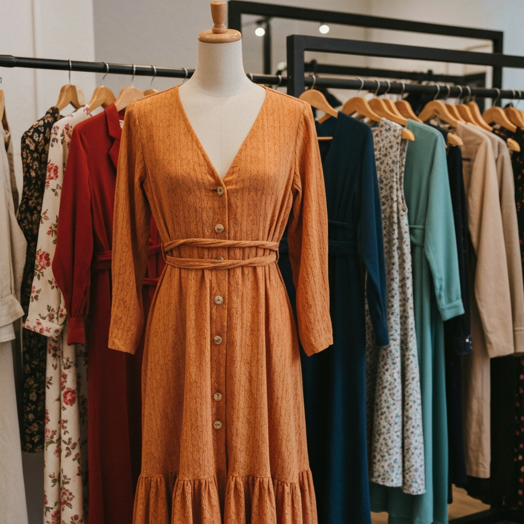 Woman browsing through racks of authentic vintage dresses from different decades in a curated boutique with warm golden lighting highlighting fabric textures and patterns