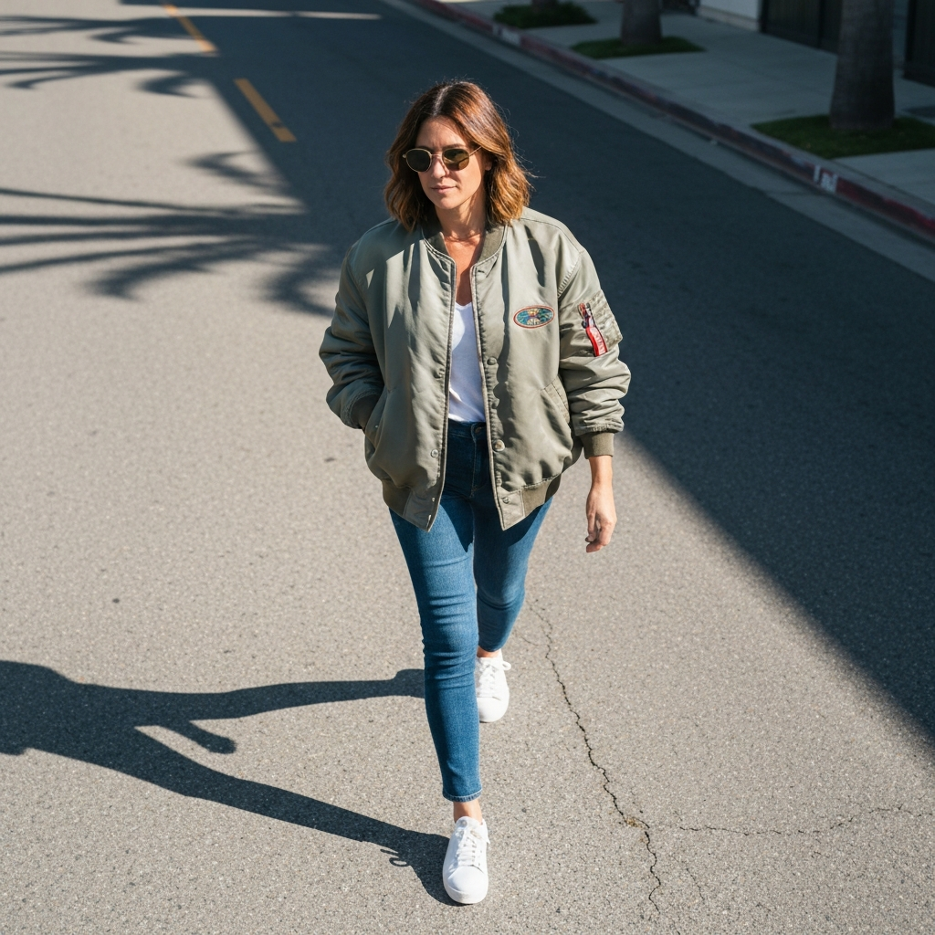 Woman in her 30s wearing a vintage oversized bomber jacket from the 90s paired with modern slim jeans and white sneakers, walking confidently on a sunny Californian street with palm trees, natural daylight photography, no text or logos visible