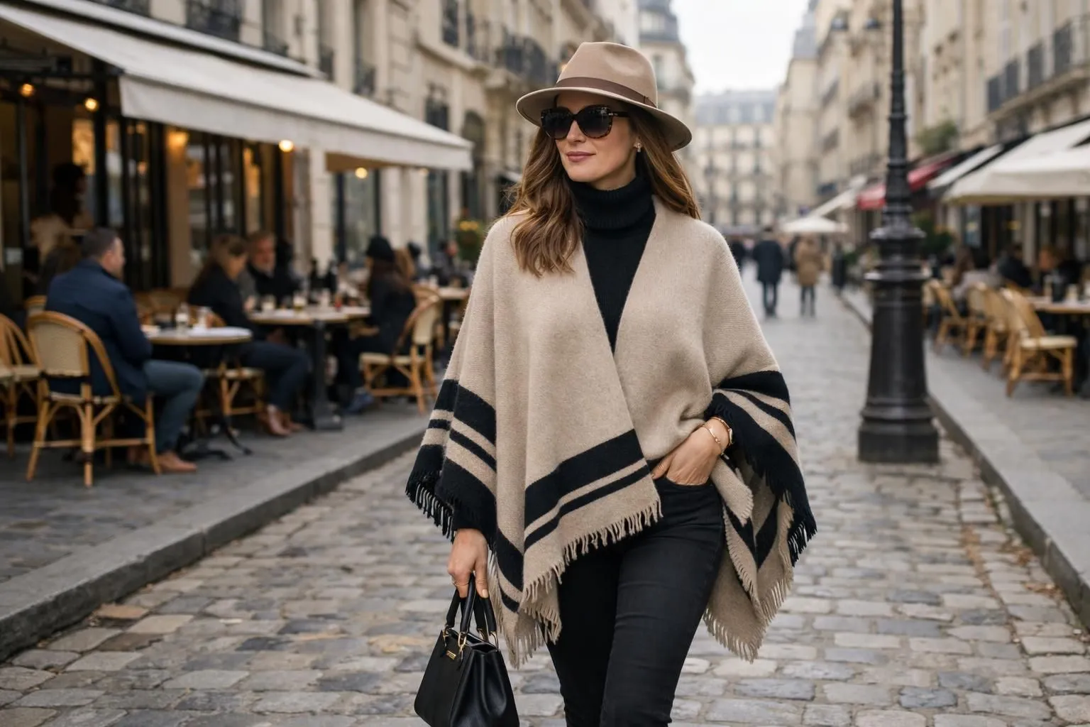 Femme élégante dans la trentaine portant un poncho d'hiver beige et noir avec des détails ethniques, marchant dans une rue parisienne pavée bordée de cafés, lumière douce d'hiver, style californien décontracté et moderne, ambiance urbaine chic