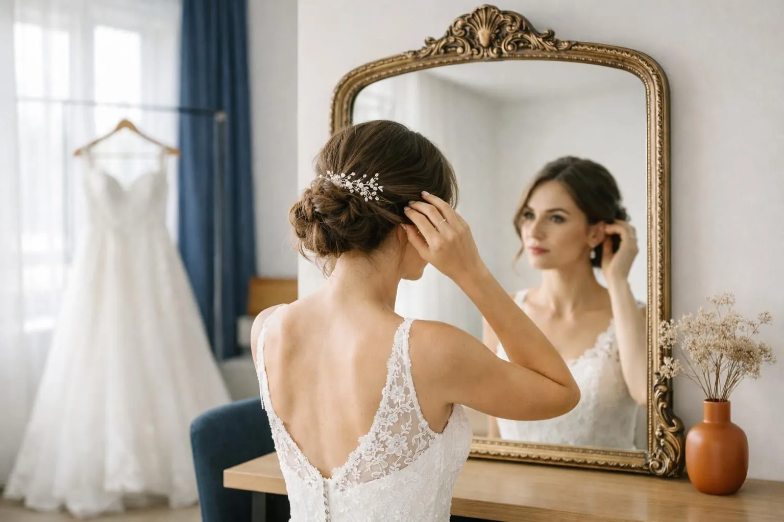 Elegant bride in luxury white lace lingerie adjusting her hair in ornate mirror, soft morning light through window, romantic bridal suite atmosphere with wedding dress visible in background