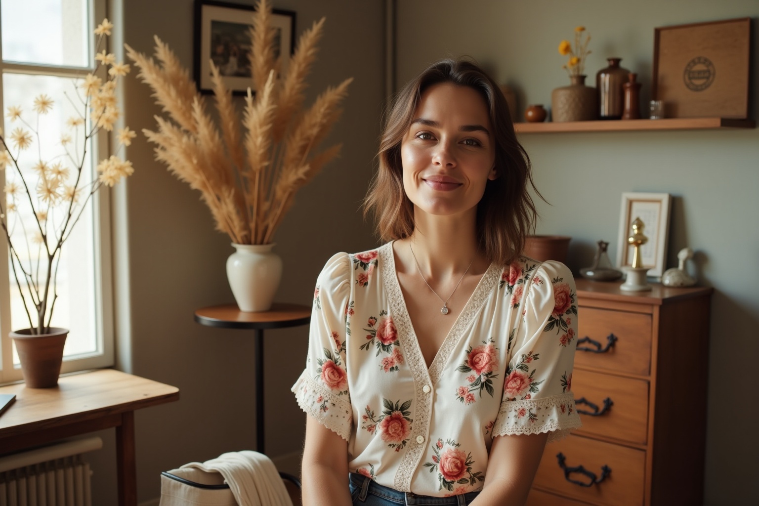 Jeune femme souriante dans un intérieur cosy et fleuri.