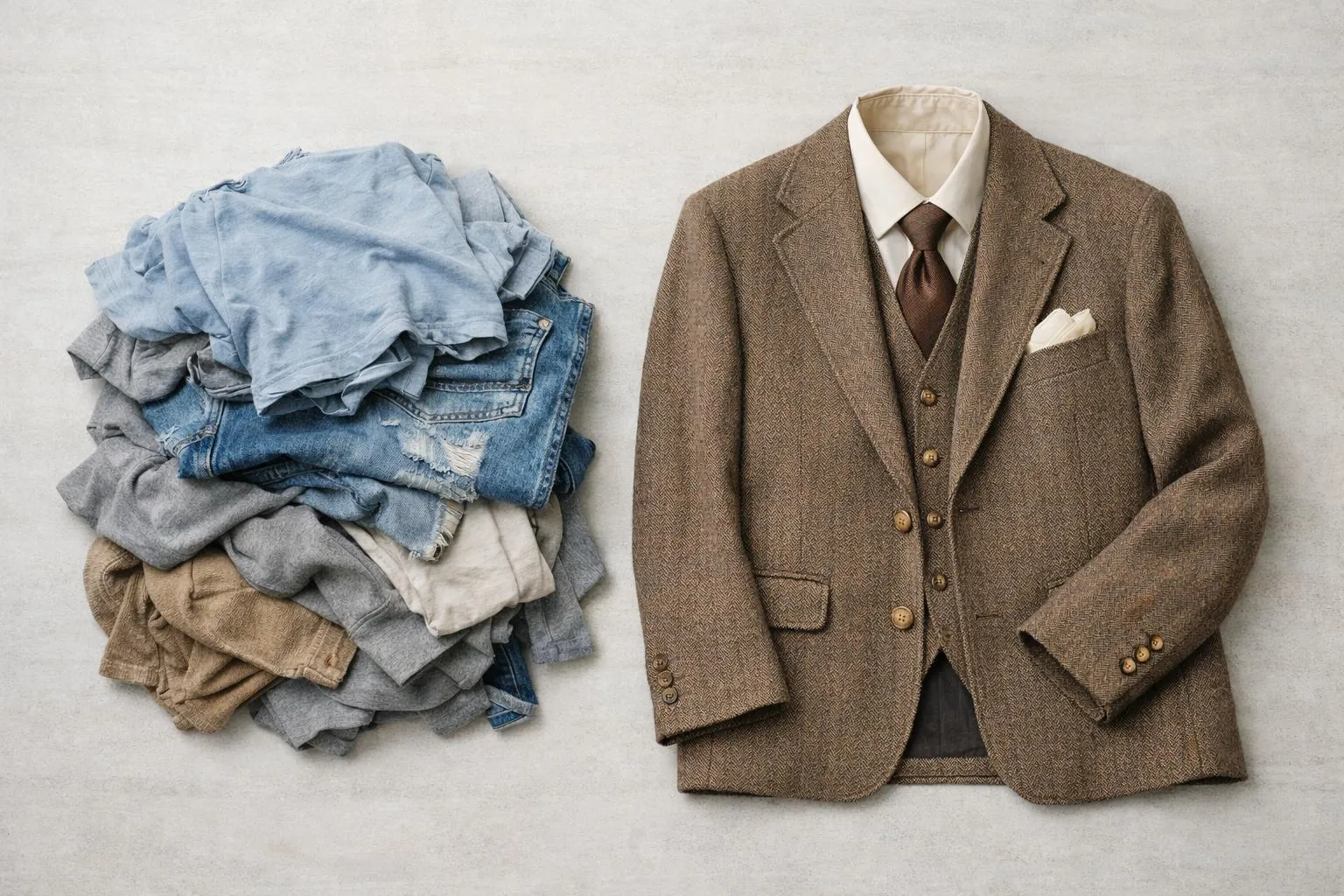 Vêtements décontractés et tenue de costume marron élégante.