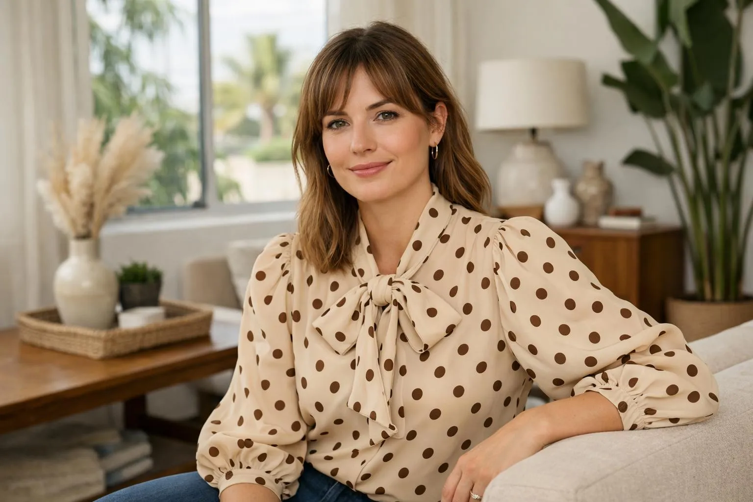 Femme souriante en robe à pois beige dans un intérieur lumineux.