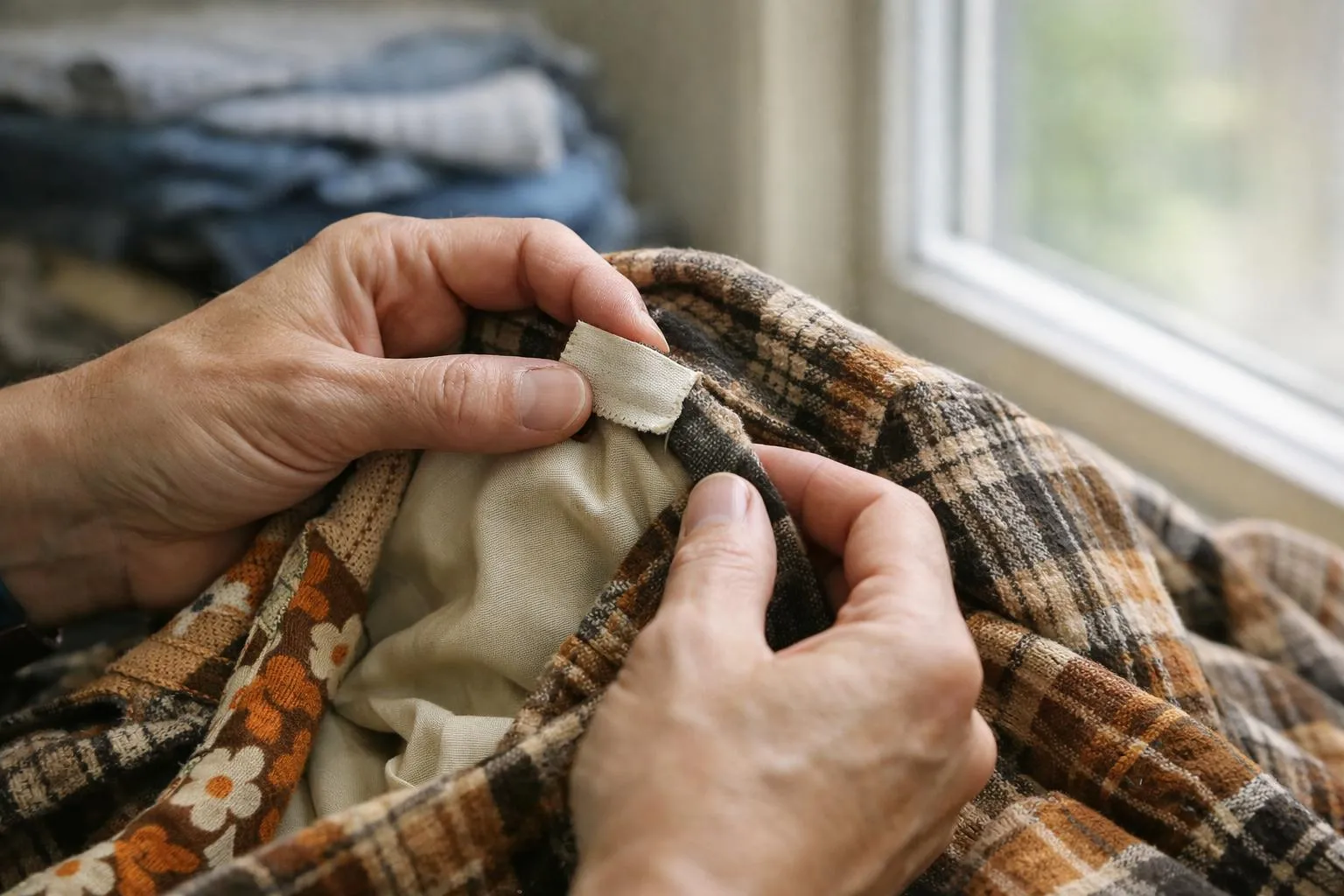 Close-up hands inspecting vintage garment label and fabric quality under natural window light, showing authentication process for genuine vintage clothing piece from 1960s-1980s era