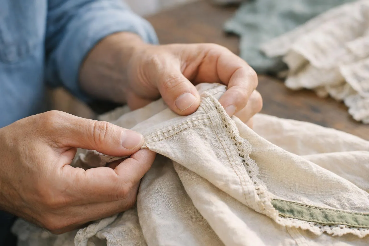 Close-up of hands examining vintage garment seams and fabric texture under natural light, fingers checking stitching quality and textile details, authentic inspection scene