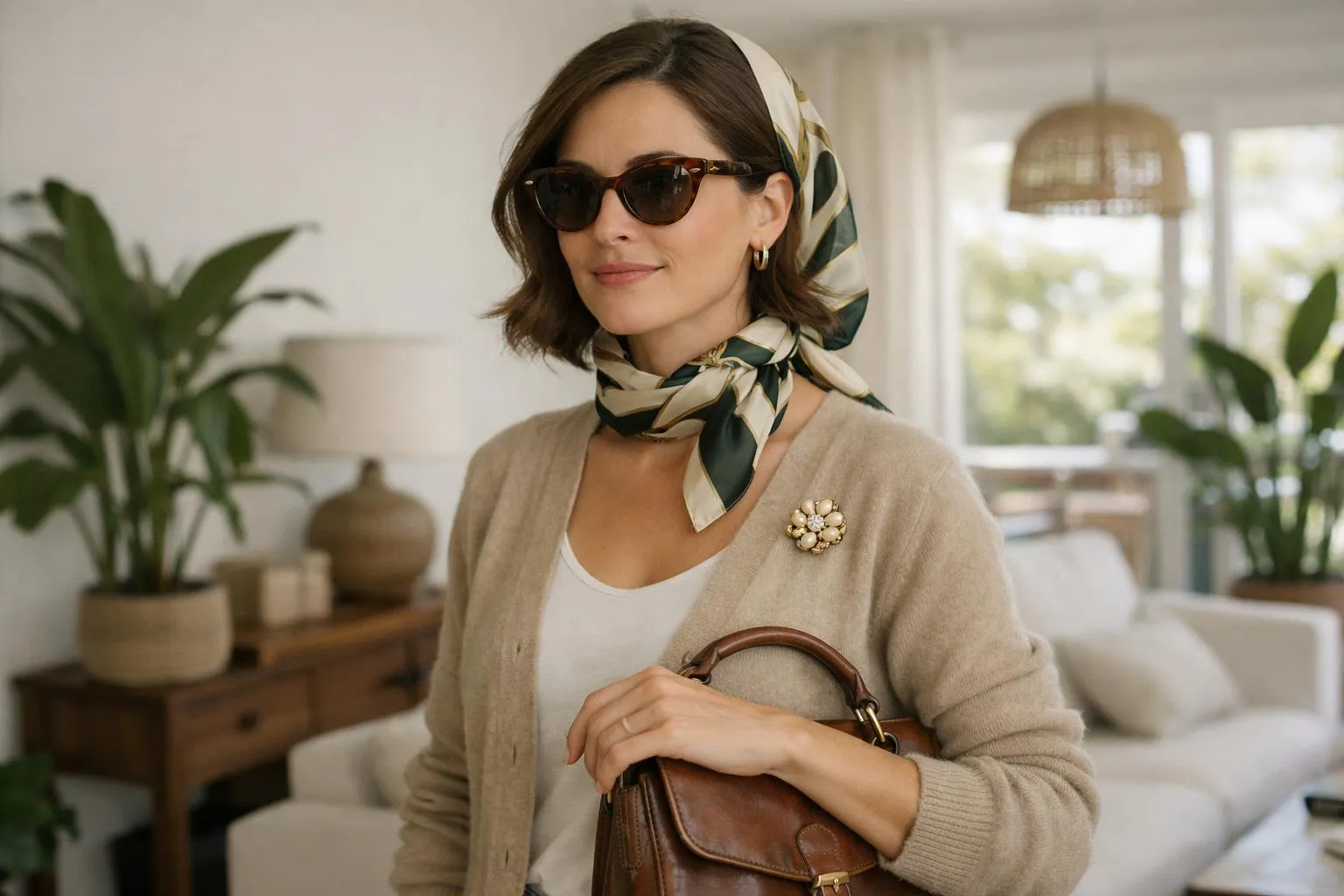 Femme élégante avec foulard, lunettes de soleil et sac à main.