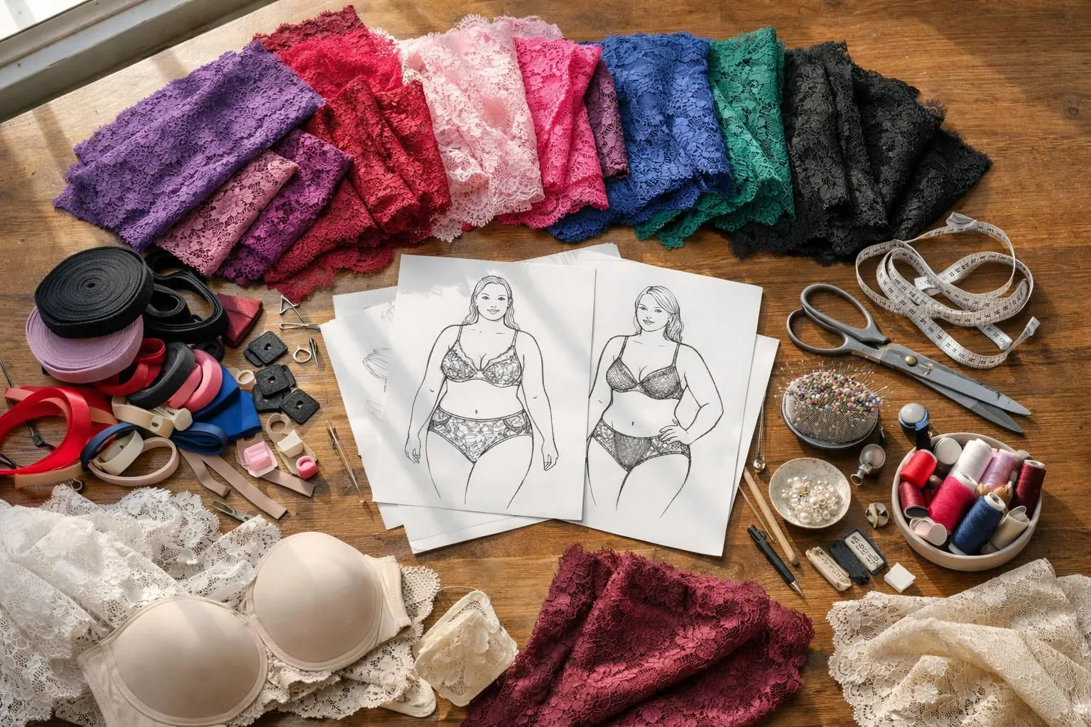 Design studio workspace with delicate lace fabric swatches in various colors draped on table, sketches of lingerie patterns, measuring tools and scissors, soft natural lighting from window, creative professional atmosphere for plus-size lingerie design, no text or labels visible