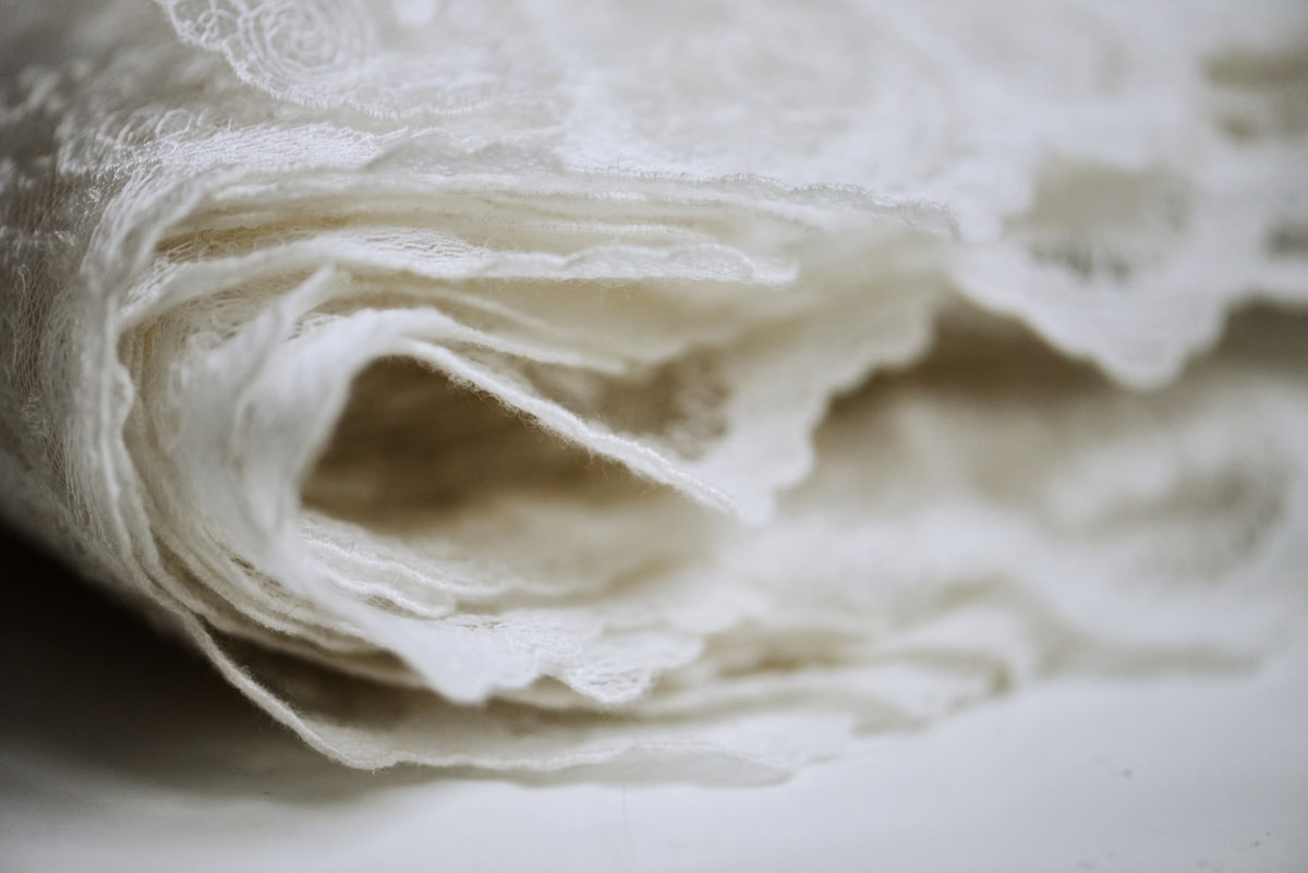 Here's a caption: close-up view of layered, white paper.