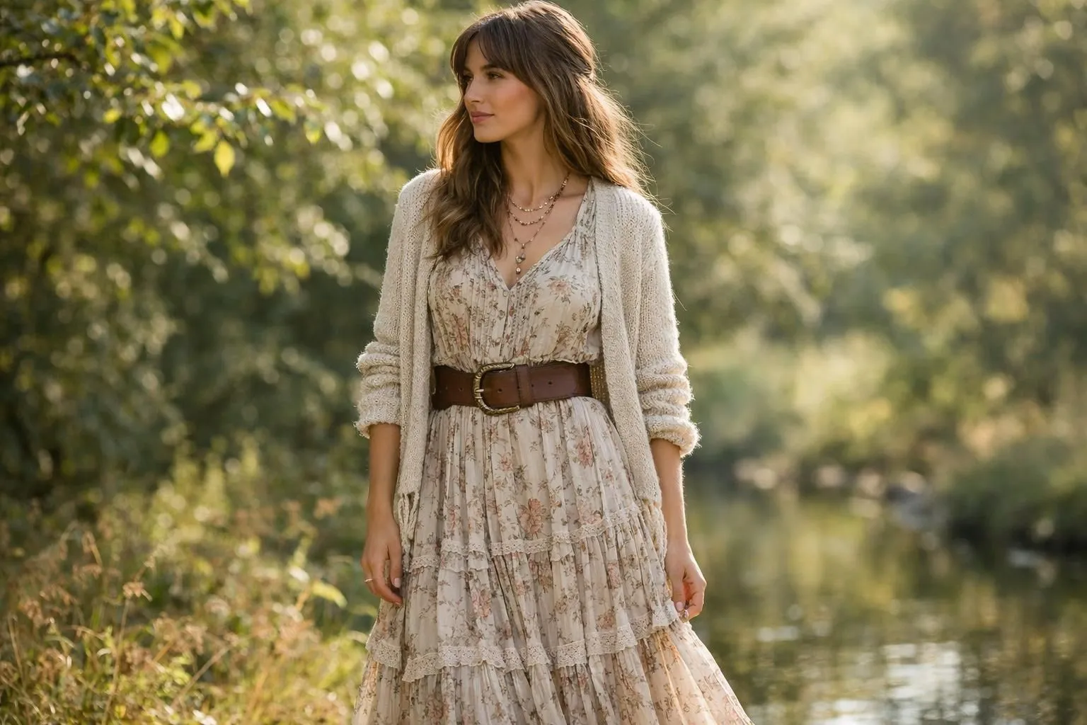 Woman wearing layered bohemian outfit with flowing midi dress, cropped knitted vest, and wide leather belt, standing in natural daylight, showcasing textile textures and length variations in boho fashion styling