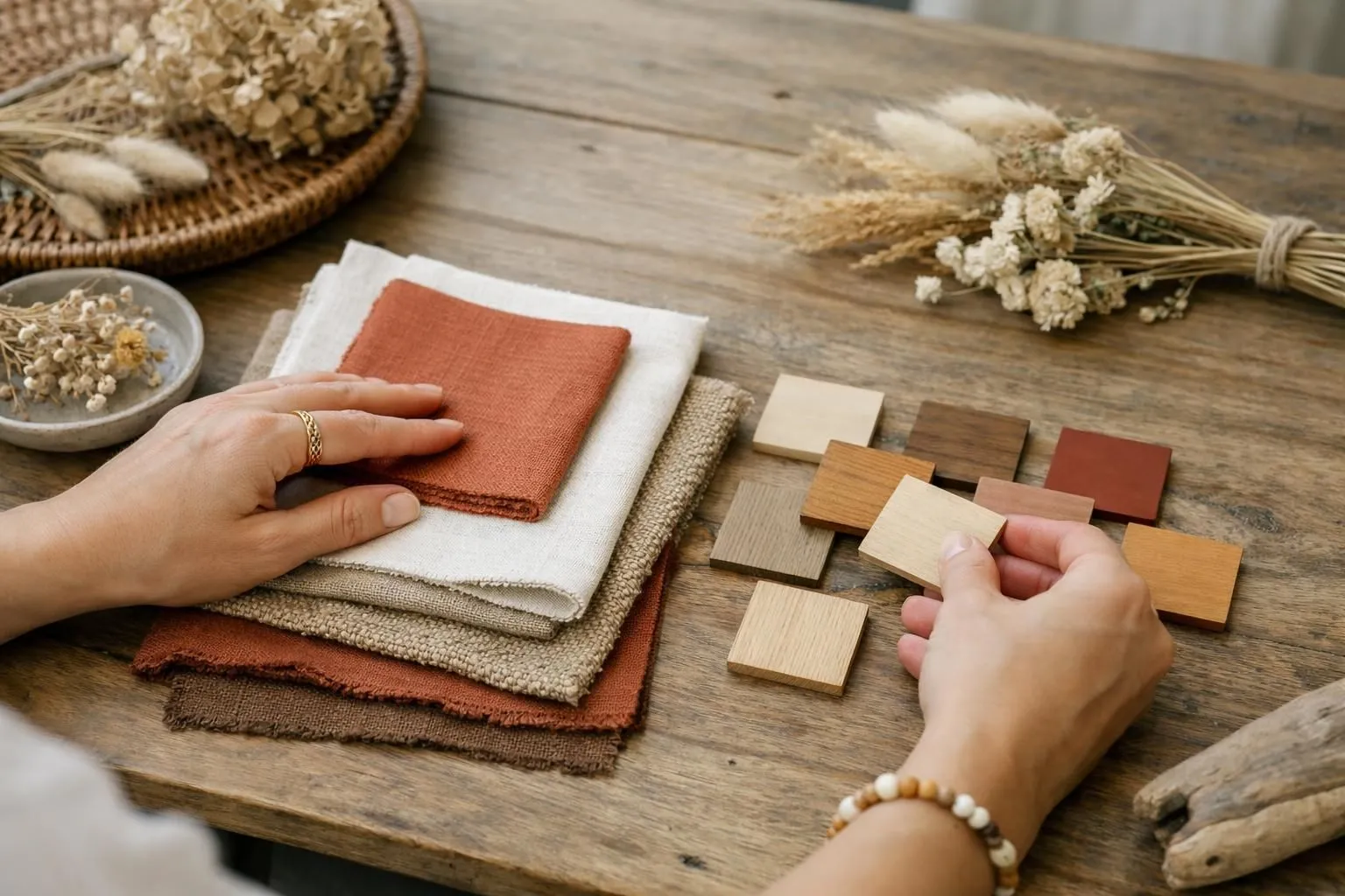 Woman arranging fabric swatches and natural color samples in earthy tones (beige, terracotta, rust, mustard yellow, burgundy) on a wooden table with dried flowers and natural textures, boho aesthetic, natural lighting