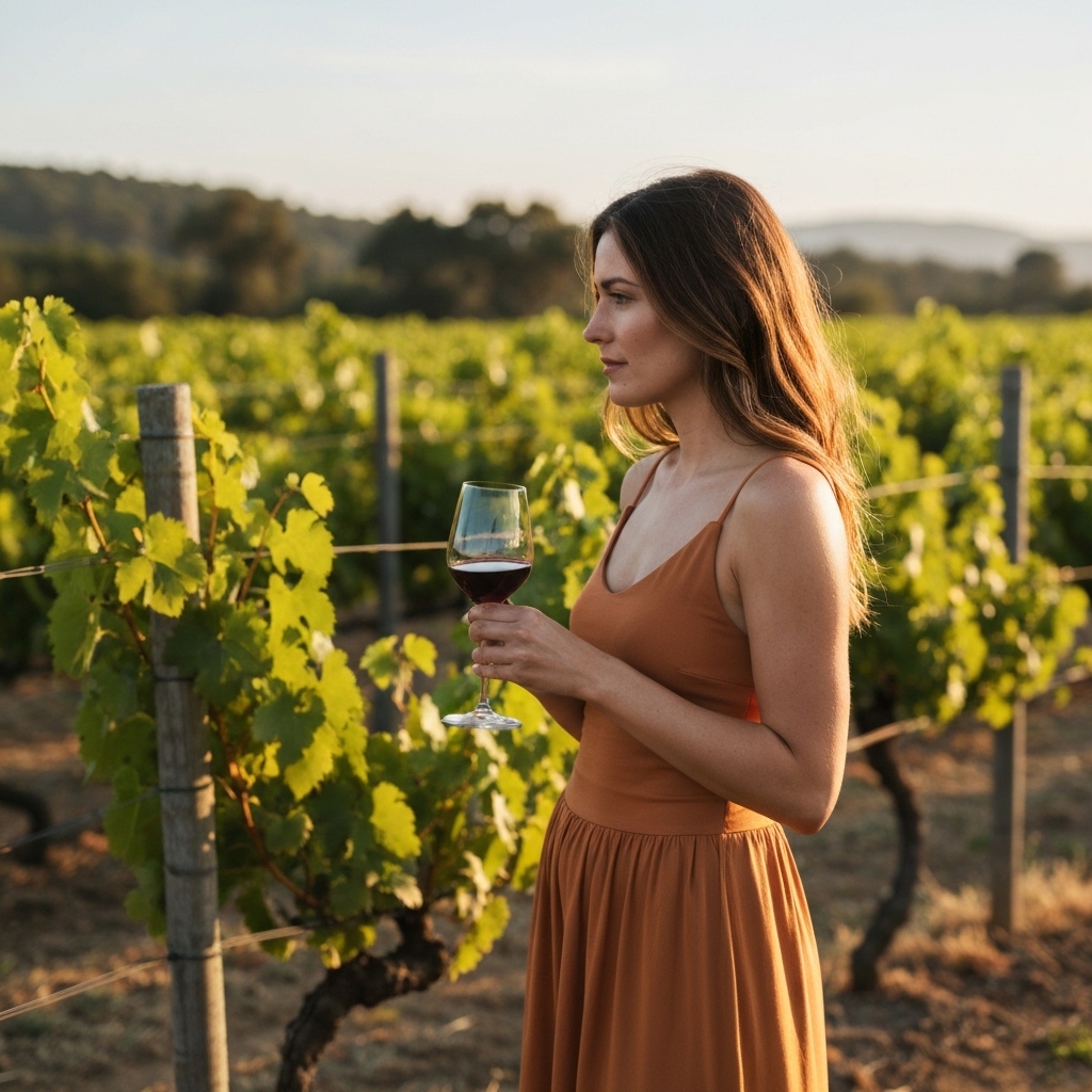 Femme dans la trentaine portant une robe midi fluide couleur terracotta dans un vignoble californien au coucher de soleil, tenant délicatement un verre de vin rouge, rangées de vignes en arrière-plan, style bohème chic naturel, pas de texte