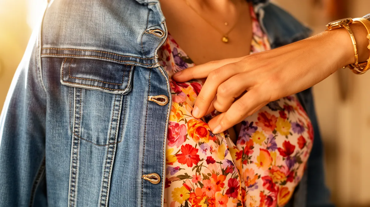 Mains féminines ajustant une veste en jean sur une robe fleurie.
