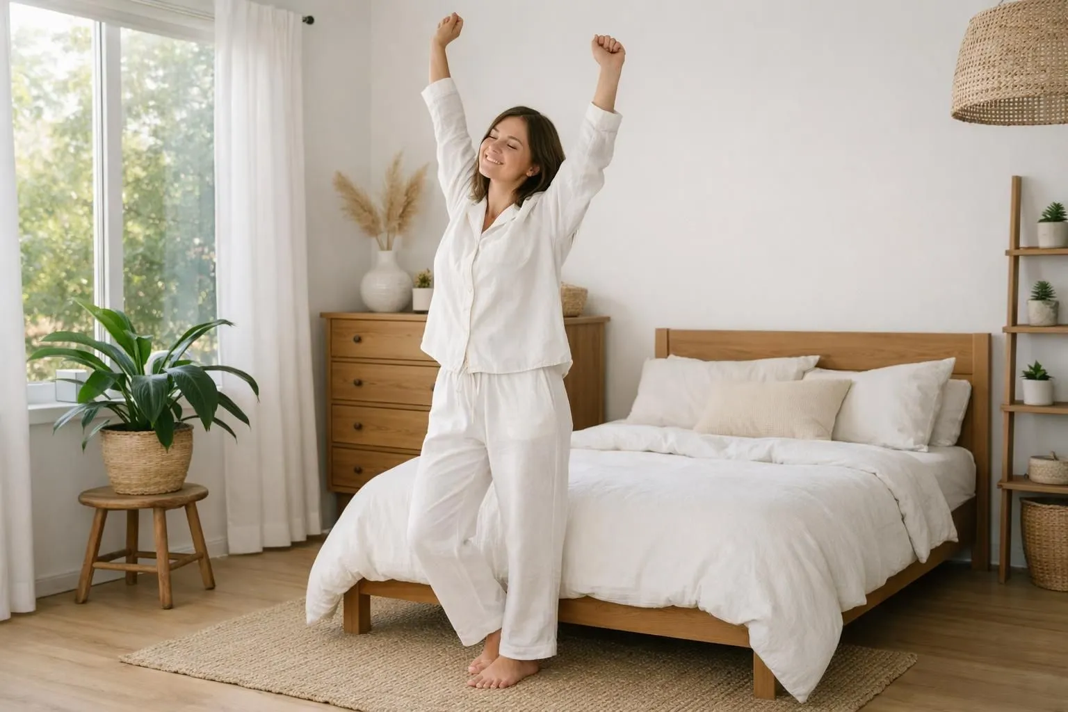 Woman relaxing in elegant organic cotton pajamas in a sunlit minimalist bedroom with potted plants and natural wood furniture, embodying relaxed California coastal lifestyle, no text or letters visible