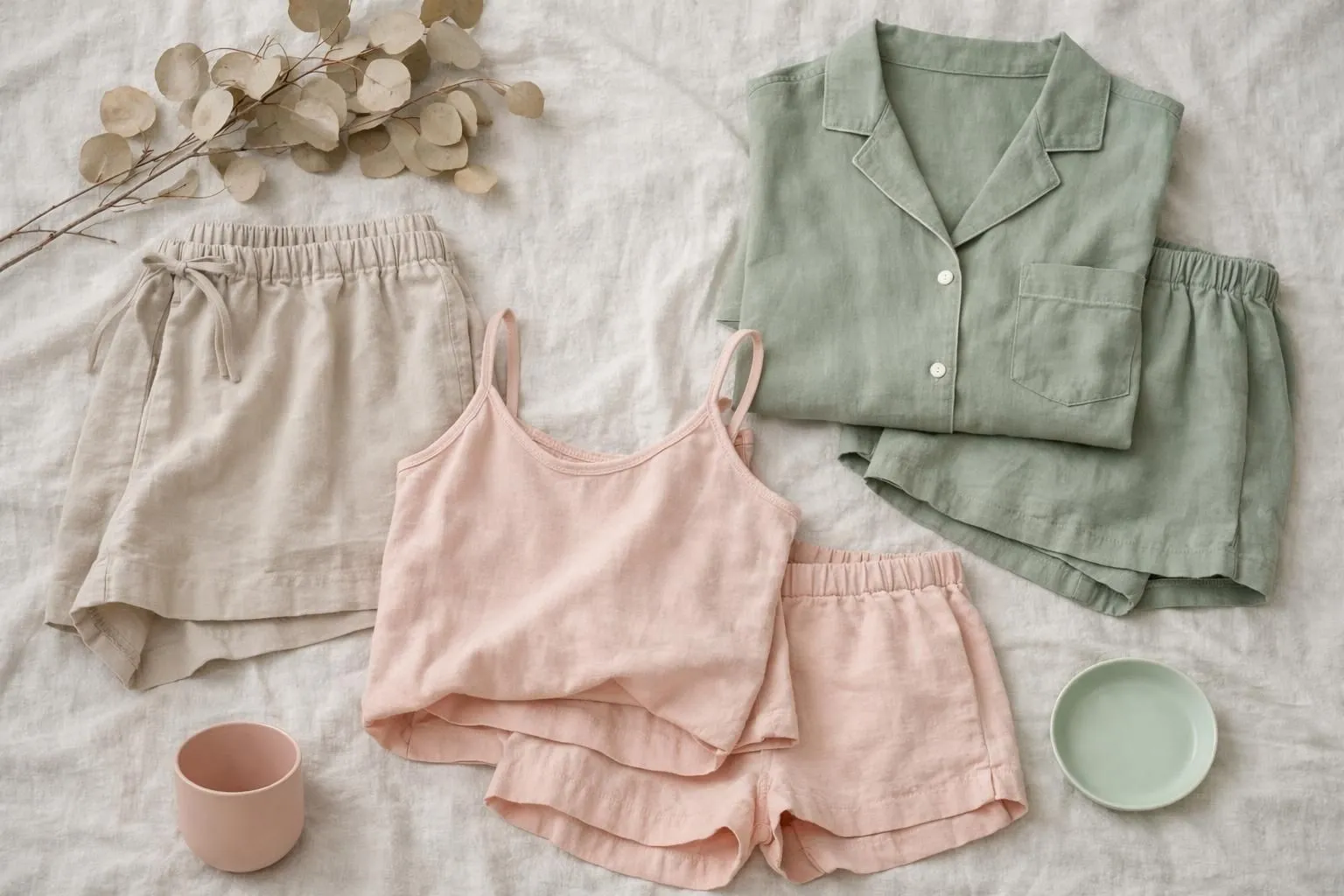 Flat lay photography of organic cotton pajamas in terracotta and sage colors with loose flowing cuts, displayed on natural linen fabric with dried eucalyptus branches and soft morning light