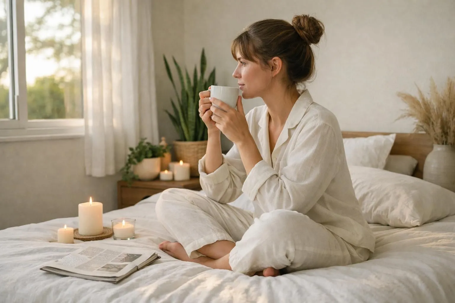 Woman in comfortable organic cotton pajamas sitting cross-legged on bed with herbal tea cup, surrounded by candles and plants, journal open beside her, warm golden evening light filtering through window, minimalist California-inspired bedroom aesthetic
