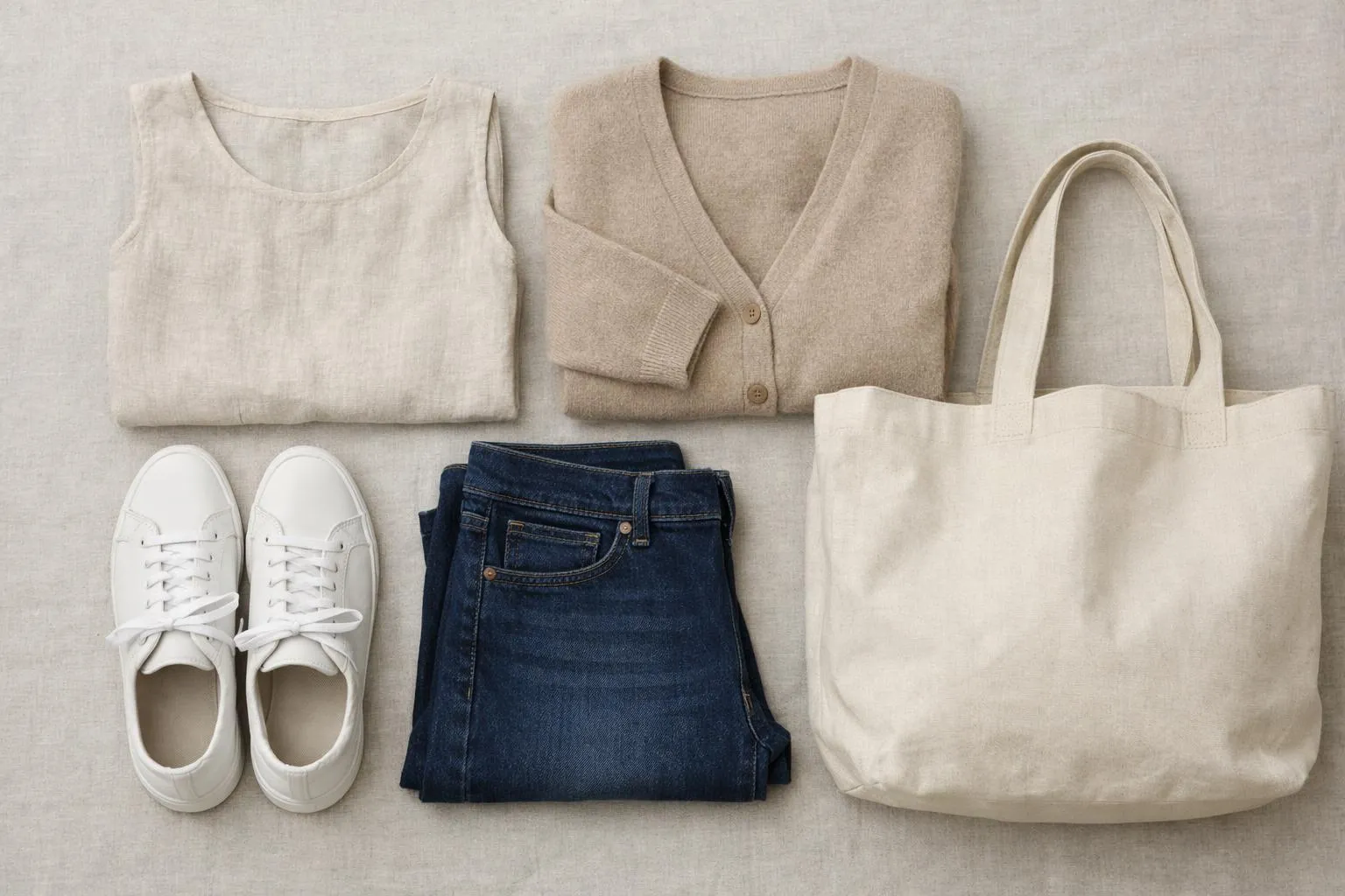 Vêtements et accessoires neutres de couleur beige et blanc.